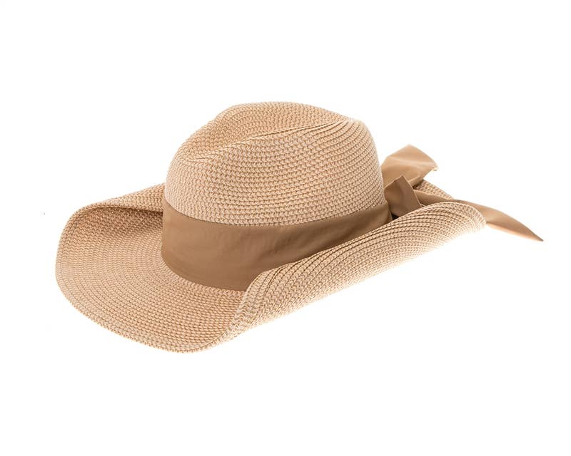 Packable Straw Cowgirl Hat W/ Bow - 2 Colors: Natural/Blush