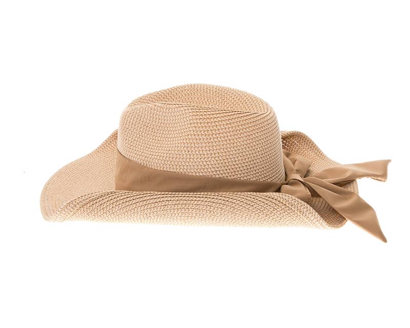 Packable Straw Cowgirl Hat W/ Bow - 2 Colors: Natural/Blush