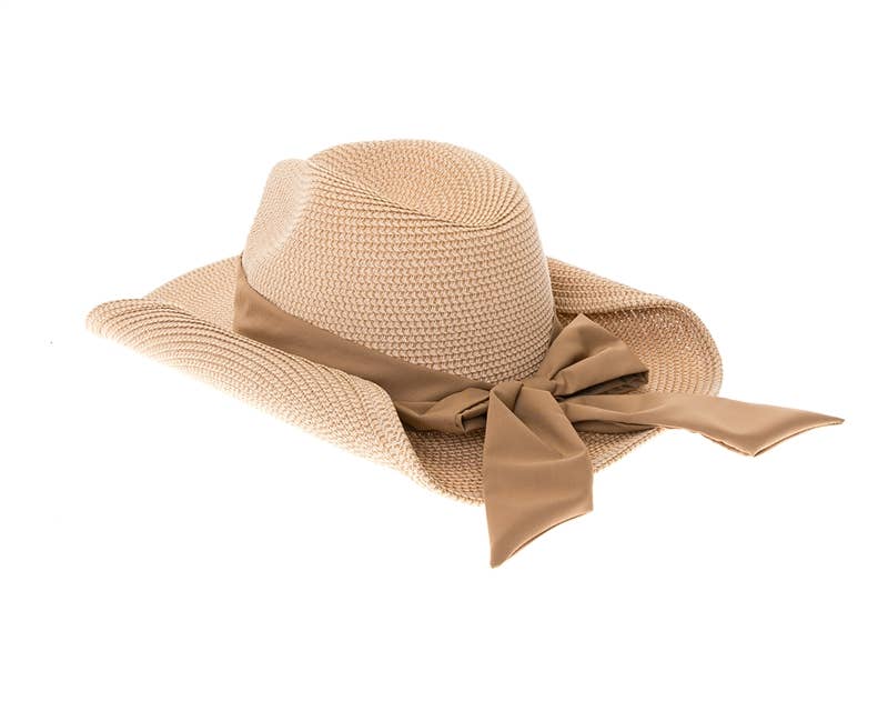 Packable Straw Cowgirl Hat W/ Bow - 2 Colors: Natural/Blush