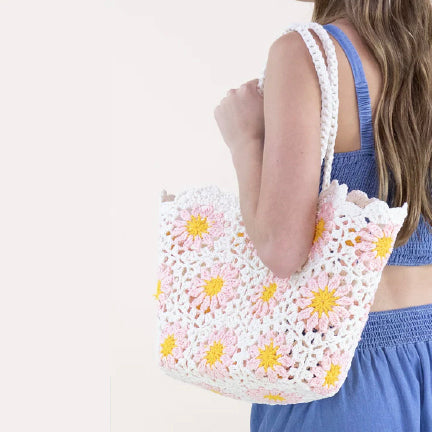 Hand-knited Crochet Pink Daisy Tote