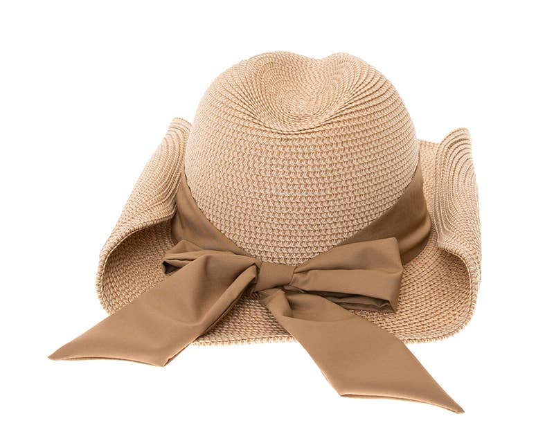Packable Straw Cowgirl Hat W/ Bow - 2 Colors: Natural/Blush