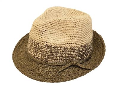 Luxury Beach Hat - Hand Crochet Organic Straw Fedora Hat: Navy