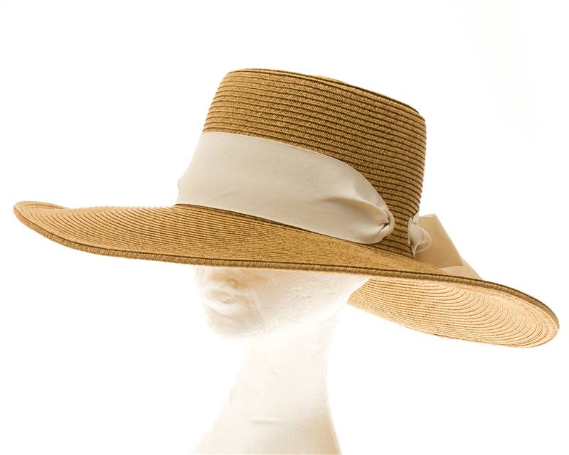 SASHY SUMMER HAT - WIDE BRIM STRAW GAMBLER HAT W/ SASH: Natural/Ivory