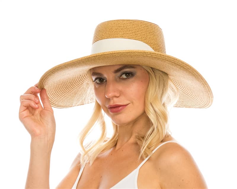 SASHY SUMMER HAT - WIDE BRIM STRAW GAMBLER HAT W/ SASH: Natural/Ivory