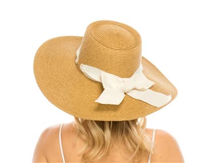 SASHY SUMMER HAT - WIDE BRIM STRAW GAMBLER HAT W/ SASH: Natural/Ivory