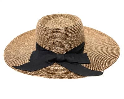 SASHY SUMMER HAT - WIDE BRIM STRAW GAMBLER HAT W/ SASH: Natural/Ivory