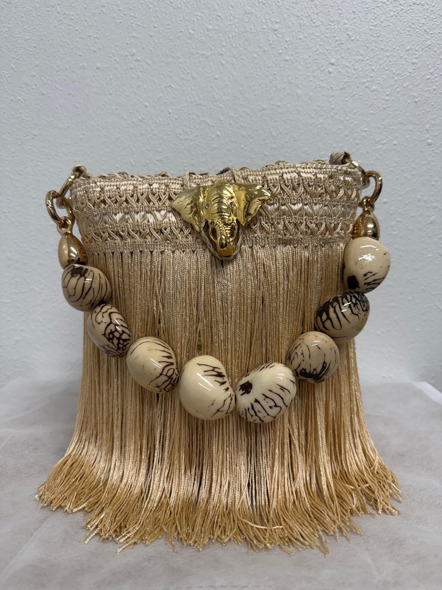 Iraca Palm Mini Tote French Beige Dark + Elephant Charm