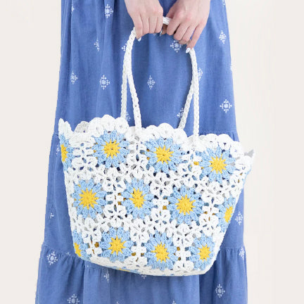 Hand-knited Crochet Blue Daisy Tote