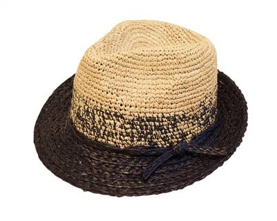 Luxury Beach Hat - Hand Crochet Organic Straw Fedora Hat: Navy
