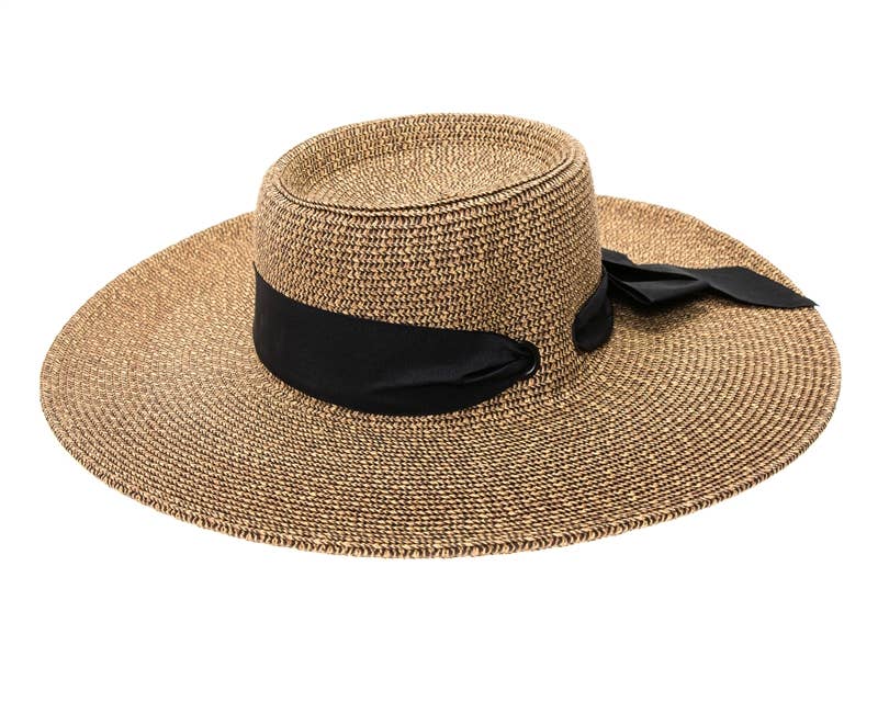 SASHY SUMMER HAT - WIDE BRIM STRAW GAMBLER HAT W/ SASH: Natural/Ivory