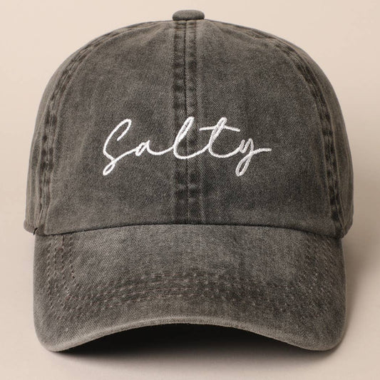 Salty Lettering Embroidery Baseball Cap: BLACK / One Size
